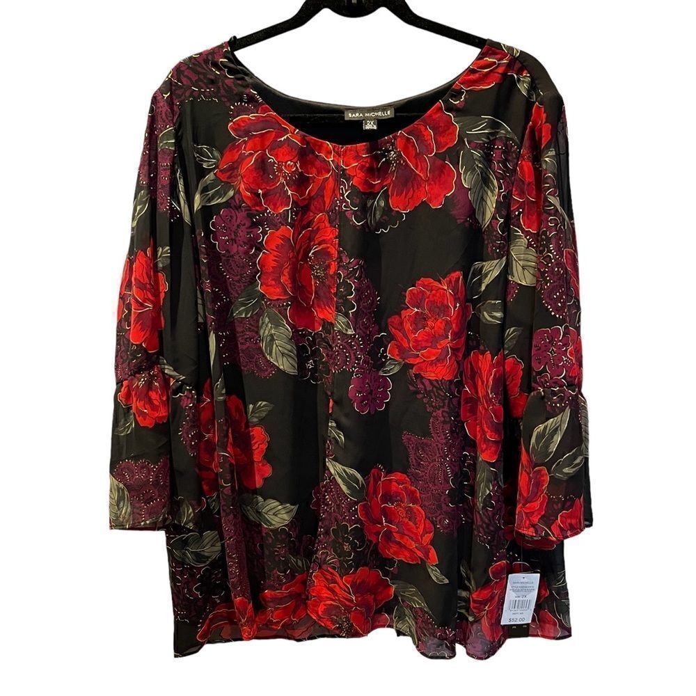 Women's Sara Michelle Blouse 2X Red/Berry/Black Floral Pullover